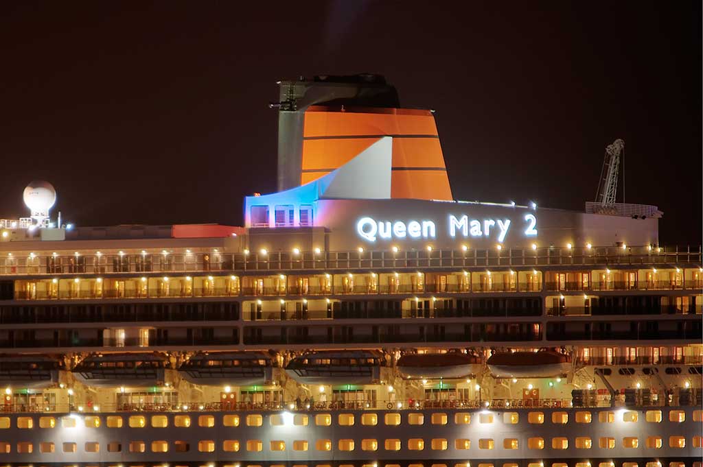 fiber optic lighting illuminating the name sign on rms queen mary 2